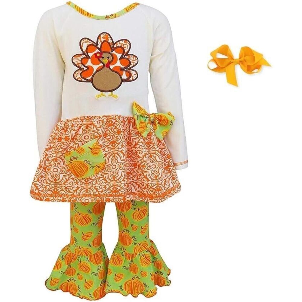 Ann Loren BNWT Girl's Thanksgiving Outfit‎ Turkey & Pumpkin Dress Size 7/8